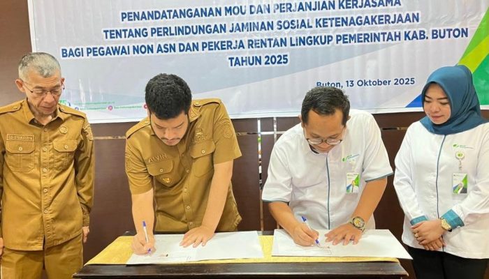 Beri Perlindungan Jaminan Sosial Ketenagakerjaan Non ASN dan Pekerja Rentan, Bupati Buton Teken MOU bersama BPJamsostek