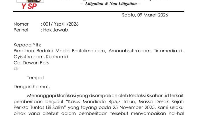 Tim Hukum Yosep Sinar Surya Siahaan & Partners Sampaikan Hak Jawab atas Pemberitaan Kasus Mandiodo